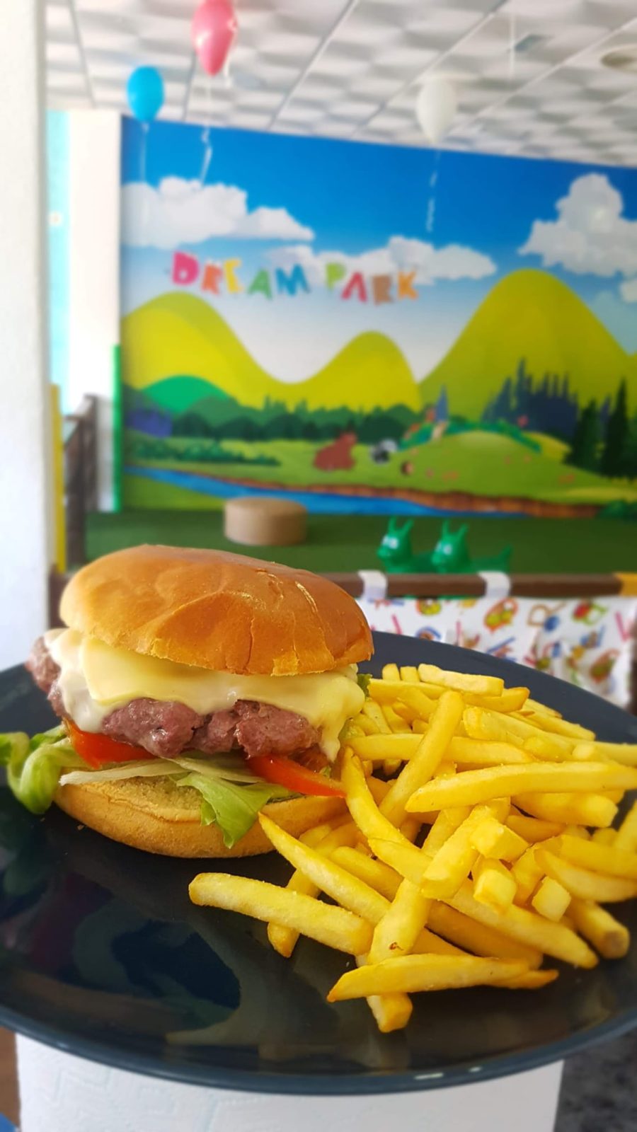 Burger and fries served inside Dream Park Playa Flamenca