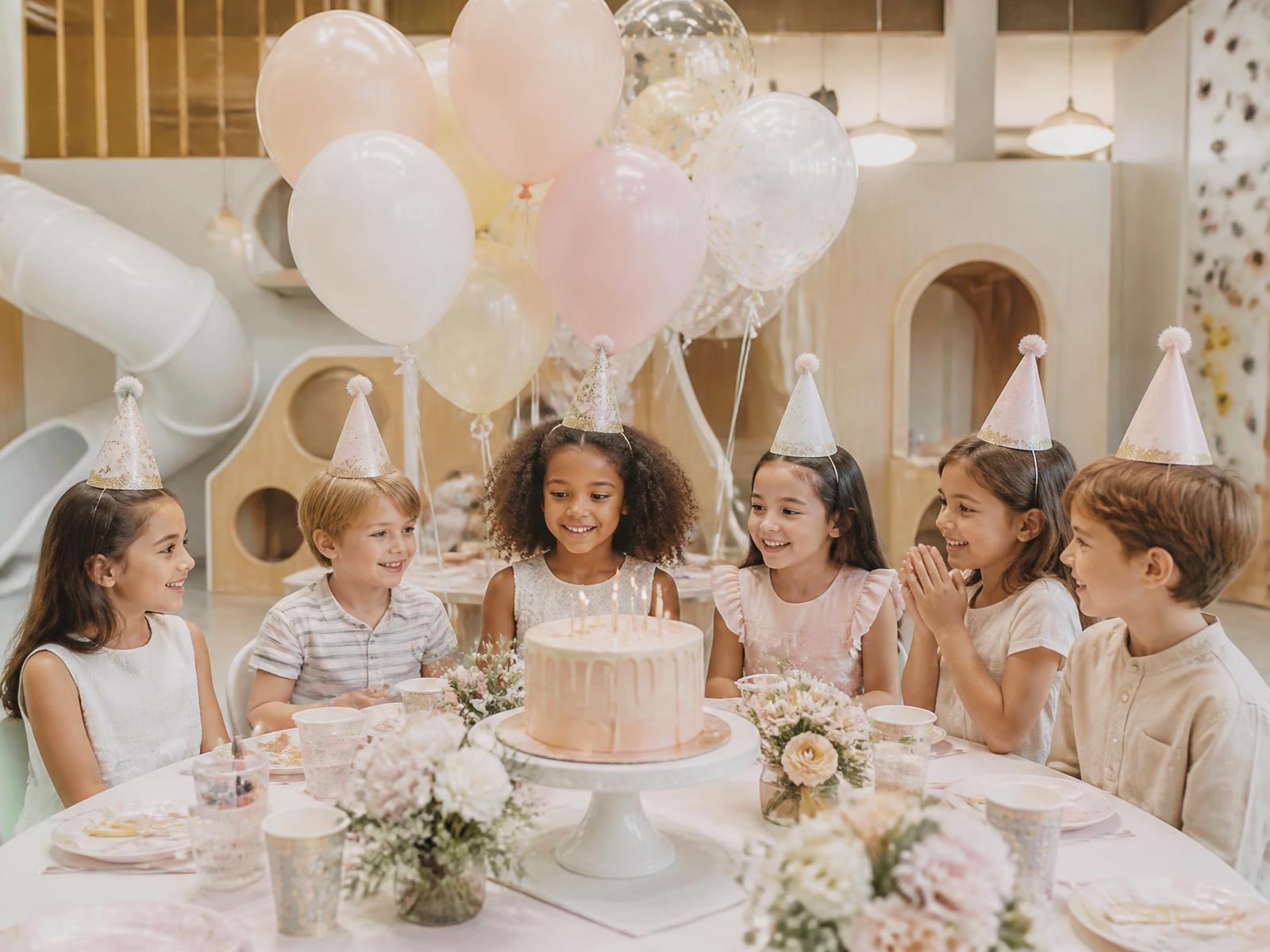 A birthday table set up with balloons and a cake