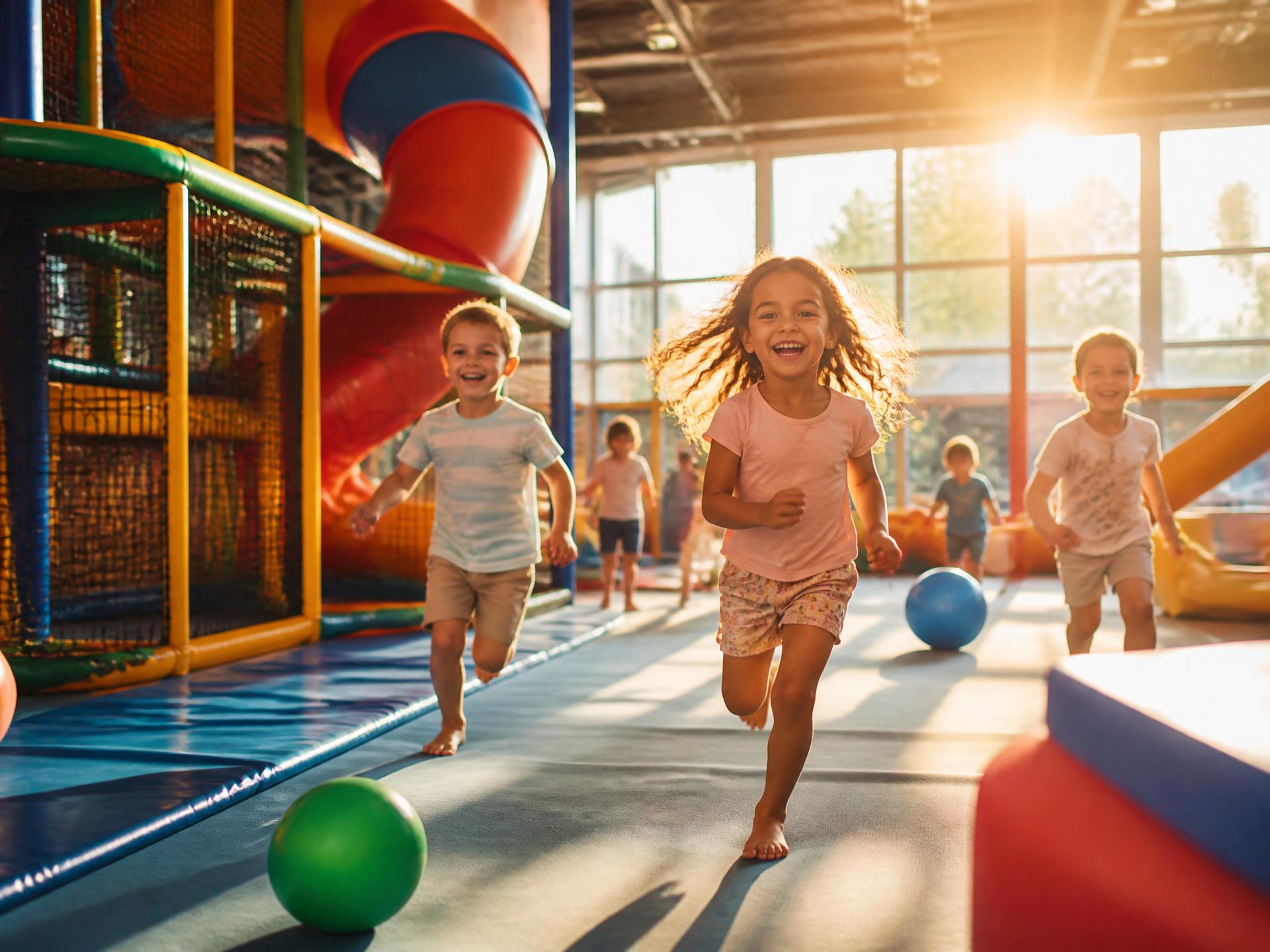 Children running and playing indoors at Dream Park with bright sunshine outside the windows