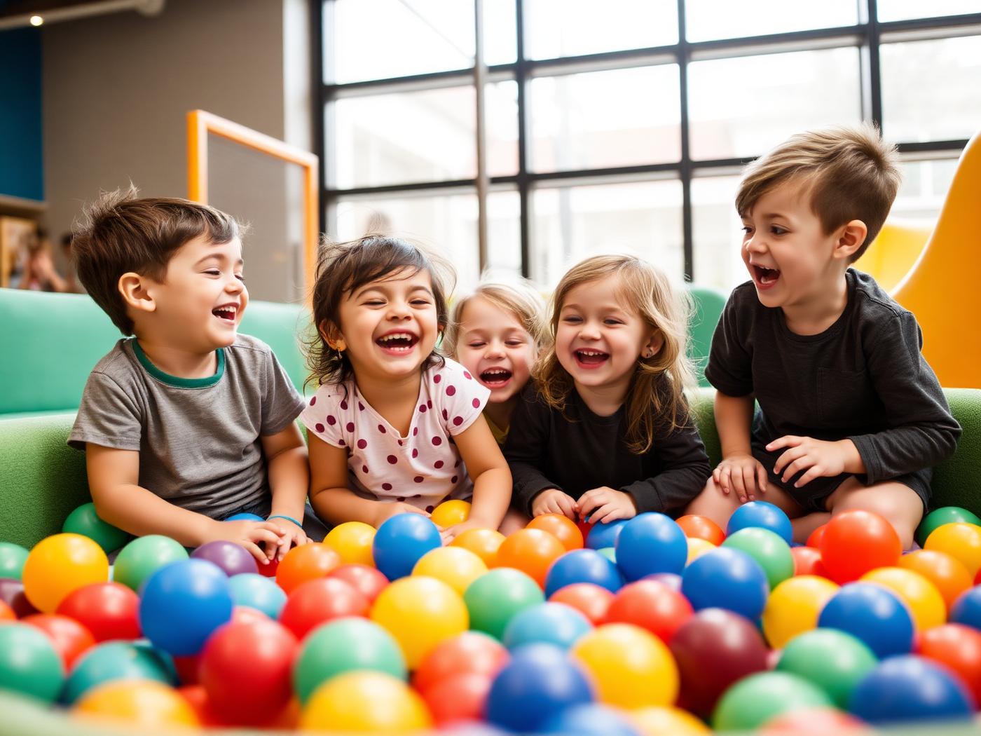 Children laughing together in the ball pit